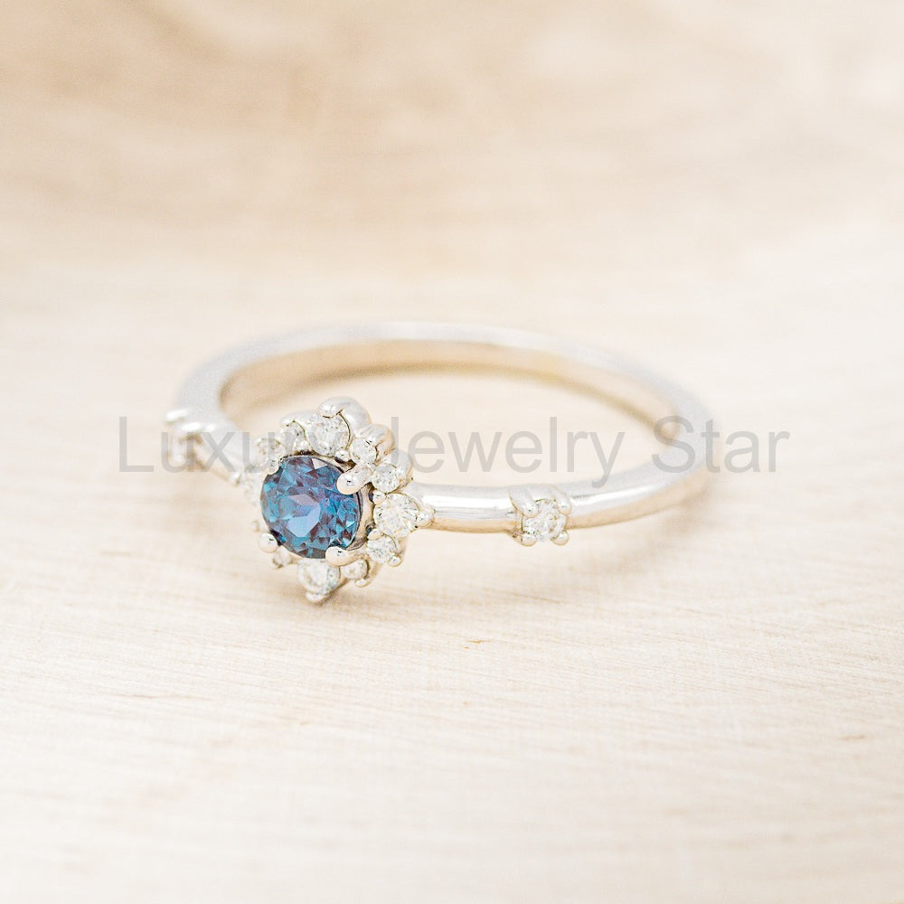 "Starla" - Round Cut Lab-Grown Alexandrite Engagement Ring With Starburst Diamond Halo - image 6