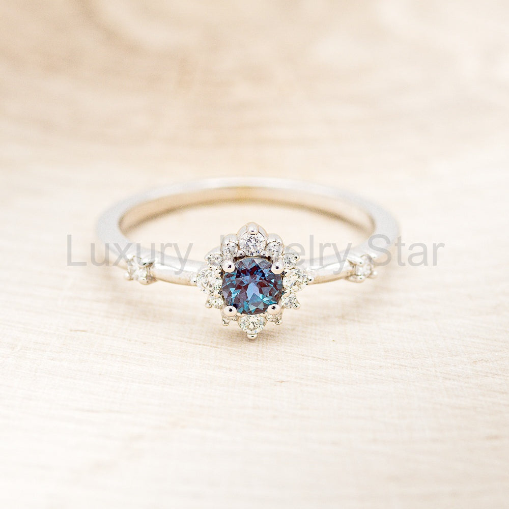 "Starla" - Round Cut Lab-Grown Alexandrite Engagement Ring With Starburst Diamond Halo - image 8