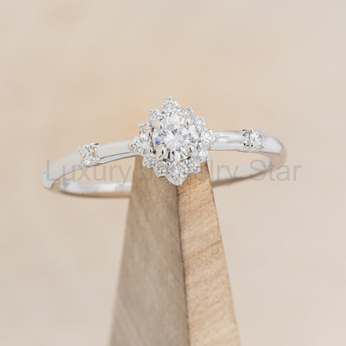 "Starla" - Round Cut Moissanite Engagement Ring With Starburst Diamond Halo