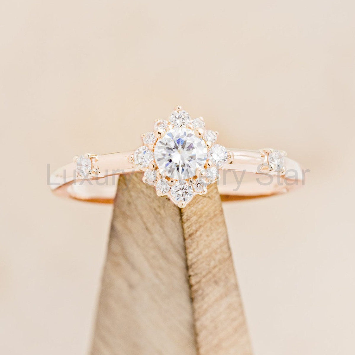 "Starla" - Round Cut Moissanite Engagement Ring With Starburst Diamond Halo - image 15