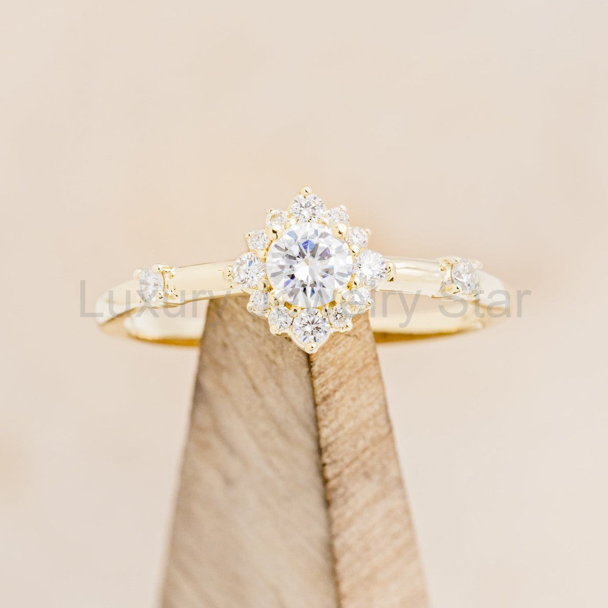 "Starla" - Round Cut Moissanite Engagement Ring With Starburst Diamond Halo - image 8