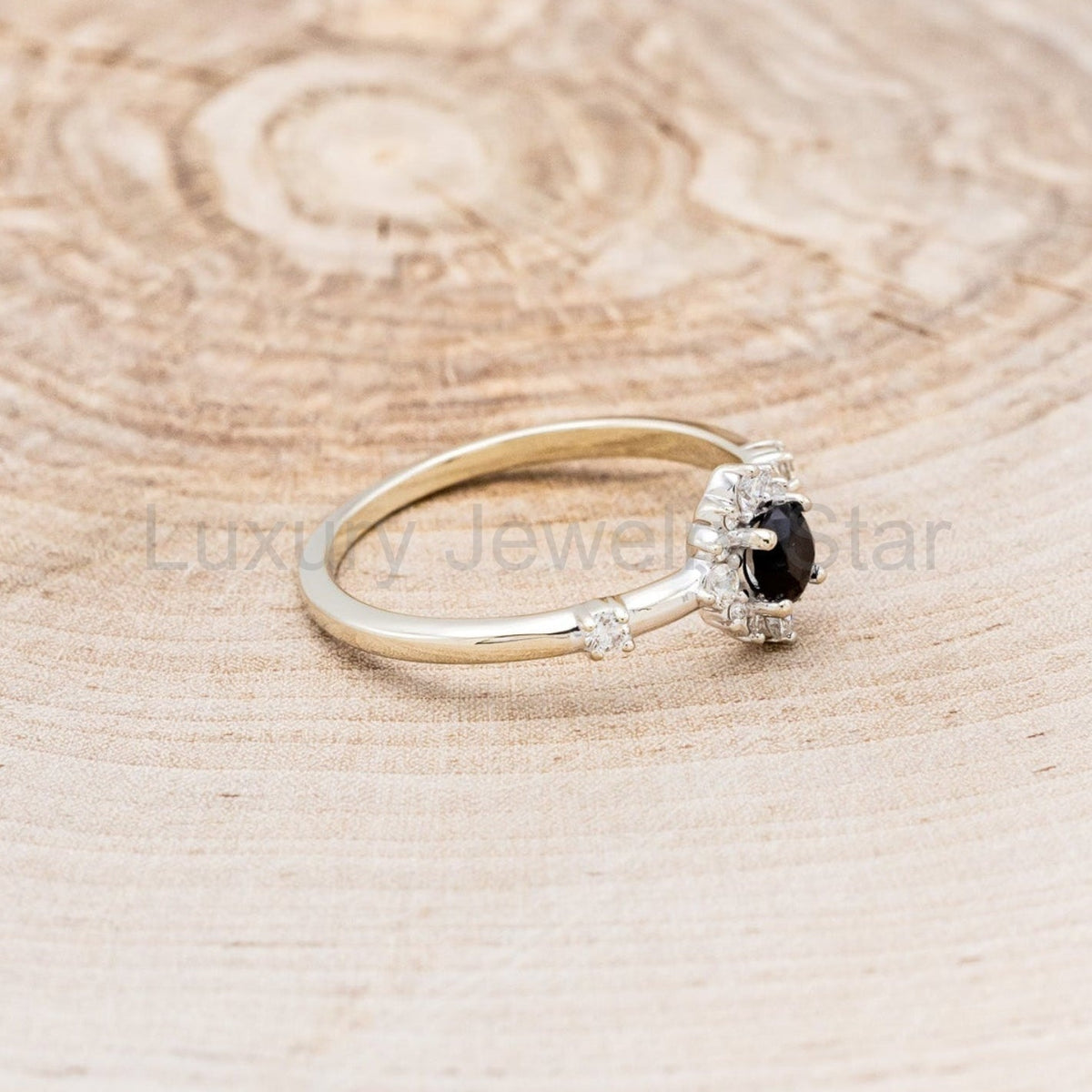 "Starla" - Round Cut Onyx Engagement Ring With Starburst Diamond Halo - image 2