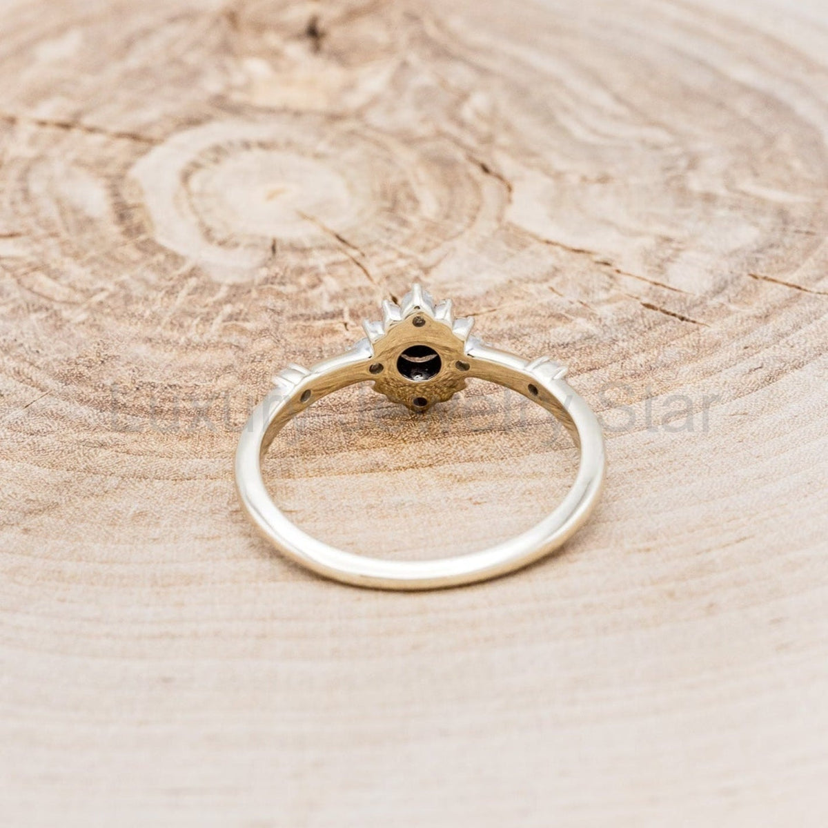 "Starla" - Round Cut Onyx Engagement Ring With Starburst Diamond Halo - image 5