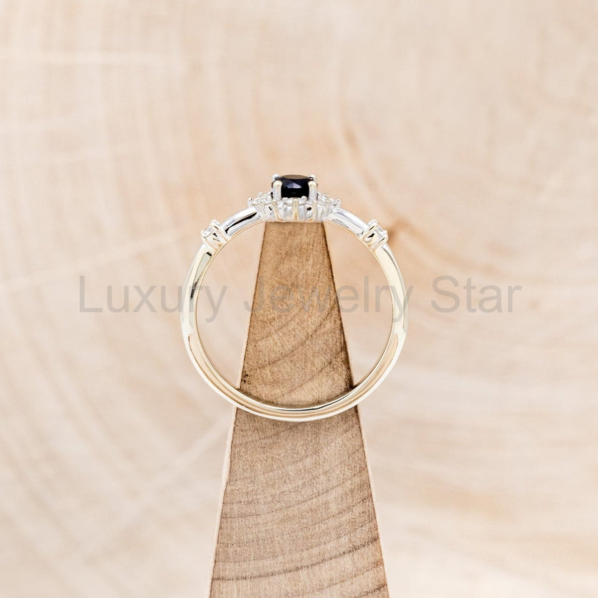 "Starla" - Round Cut Onyx Engagement Ring With Starburst Diamond Halo - image 6