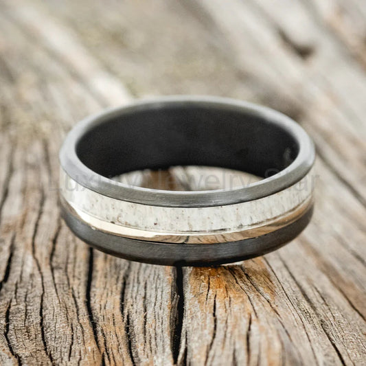 "Tanner" - Antler & 14K White Gold Inlay Wedding Ring - Black Zirconium (8mm) - Size 10 - image 2