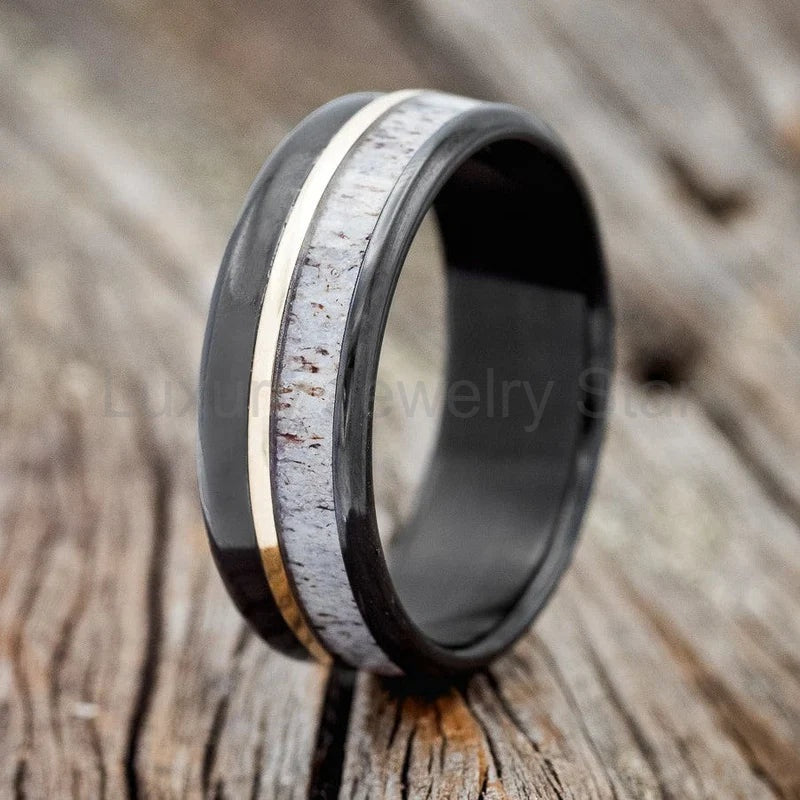 "Tanner" - Antler & 14K Yellow Gold Inlay Wedding Ring With A Polished Finish - Black Zirconium