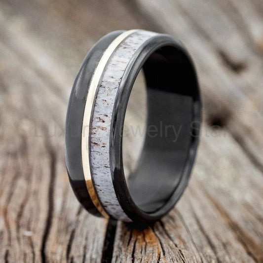 "Tanner" - Antler & 14K Yellow Gold Inlay Wedding Ring With A Polished Finish - Black Zirconium
