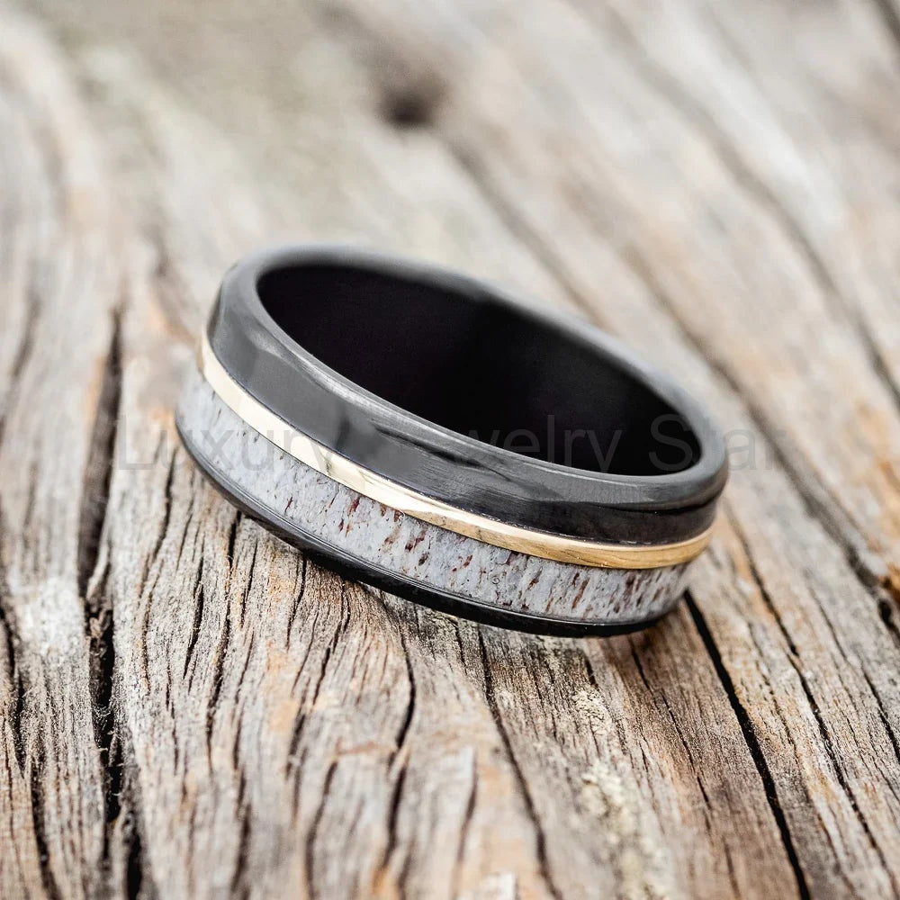 "Tanner" - Antler & 14K Yellow Gold Inlay Wedding Ring With A Polished Finish - Black - image 2