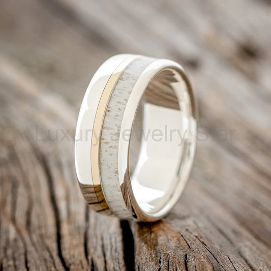 "Tanner" - Diamond Dust & 14K Yellow Gold Inlay Wedding Band - Silver (8mm) - Size 7 1/4