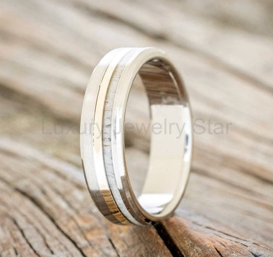 "Tanner" - Elk Antler & 14K Yellow Gold Inlay Wedding Band - Titanium (6mm) - Size 10 3/4