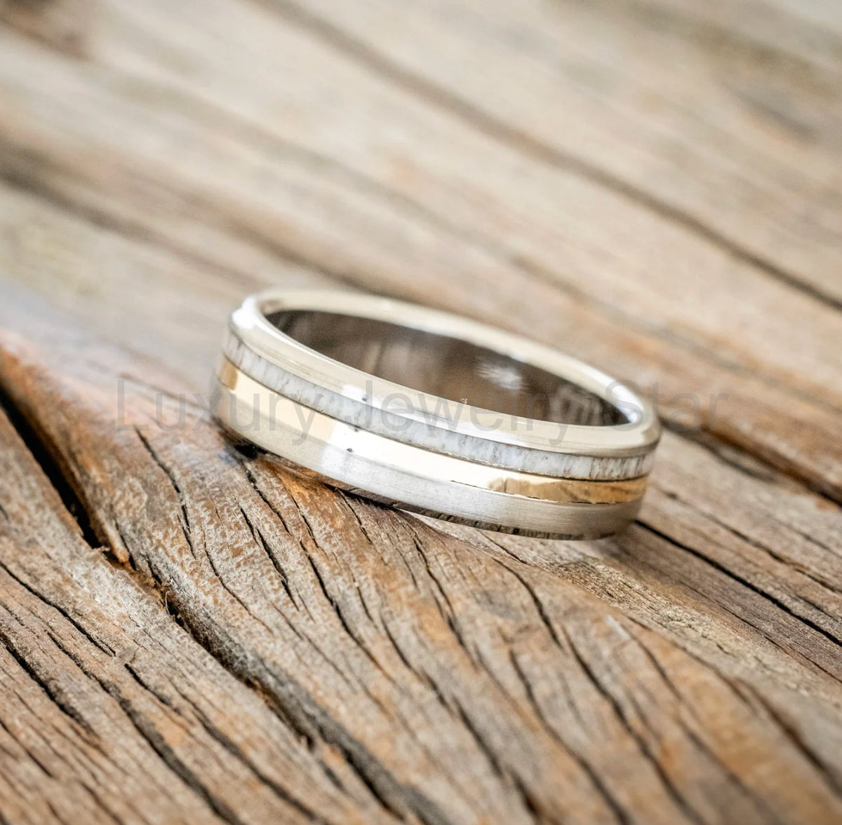 "Tanner" - Elk Antler & 14K Yellow Gold Inlay Wedding Band - Titanium (6mm) - Size 10 3/4 - image 2