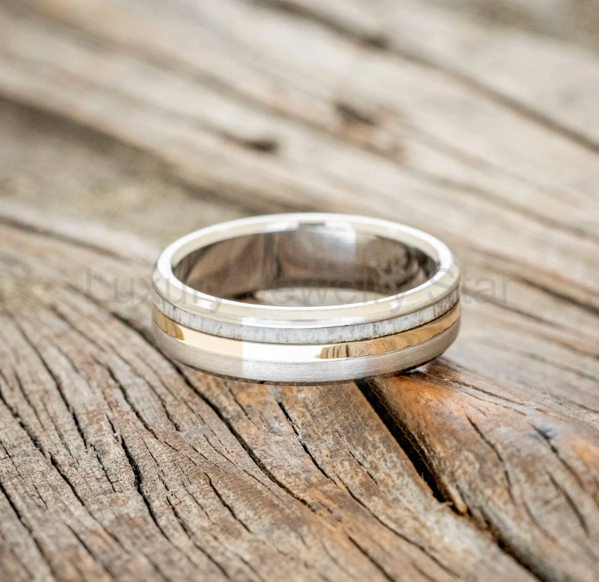 "Tanner" - Elk Antler & 14K Yellow Gold Inlay Wedding Band - Titanium (6mm) - Size 10 3/4 - image 3