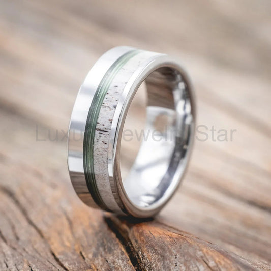 "Tanner" - Green Mono Fishing Line & Antler Wedding Band - Tungsten (8mm) - Size 9 1/2