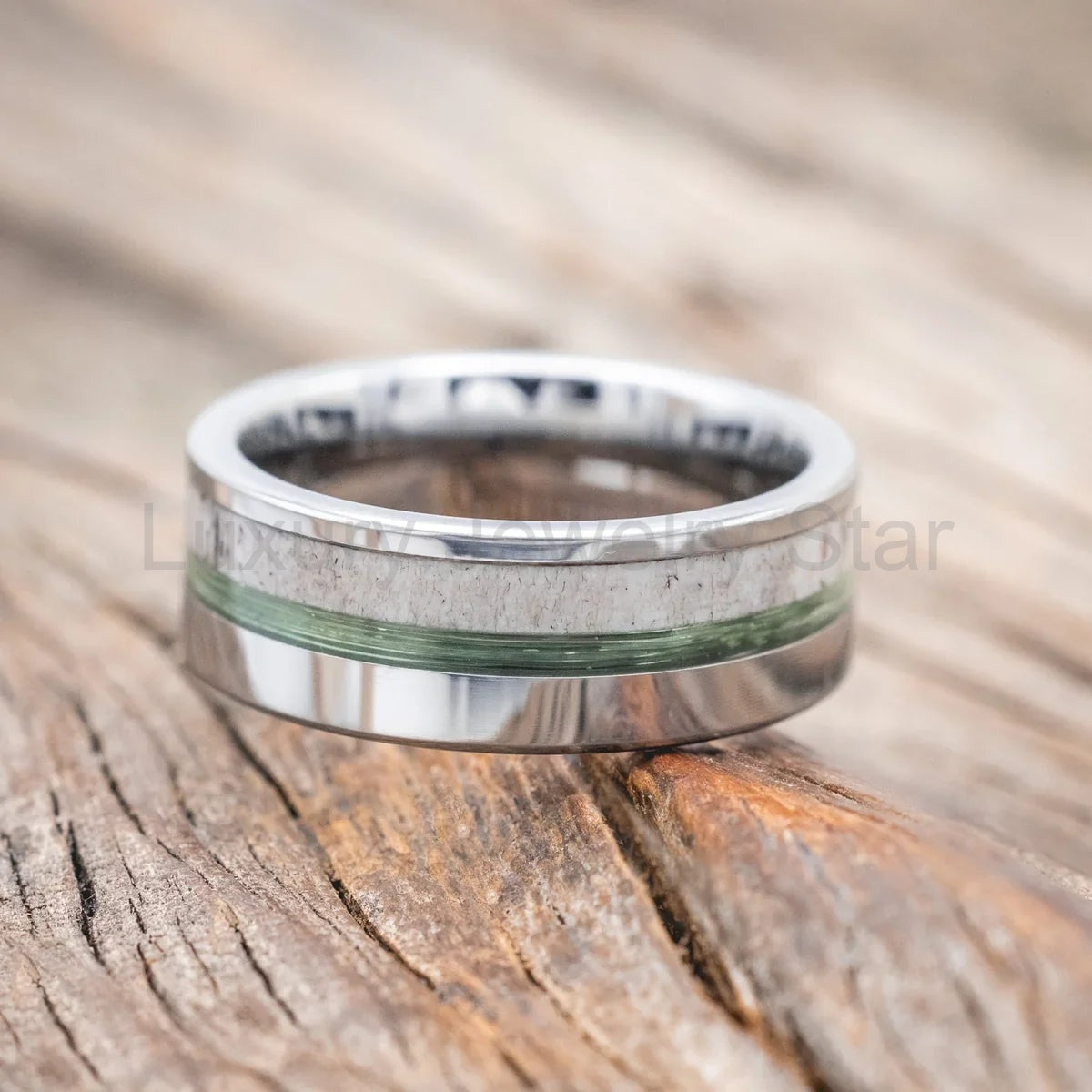 "Tanner" - Green Mono Fishing Line & Antler Wedding Band - Tungsten (8mm) - Size 9 1/2 - image 3