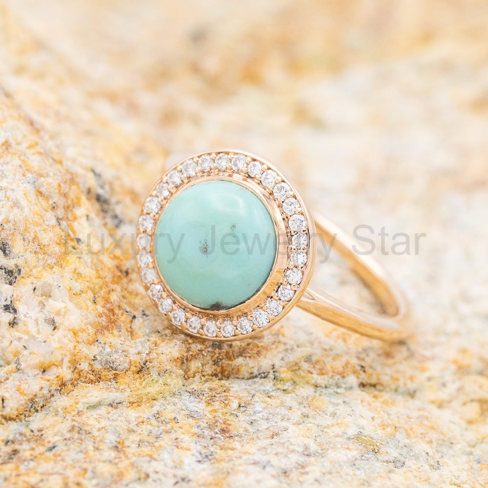 "Terra" - Bridal Suite - Round Cabochon Cut Turquoise Engagement Ring With Diamond Halo & - image 12