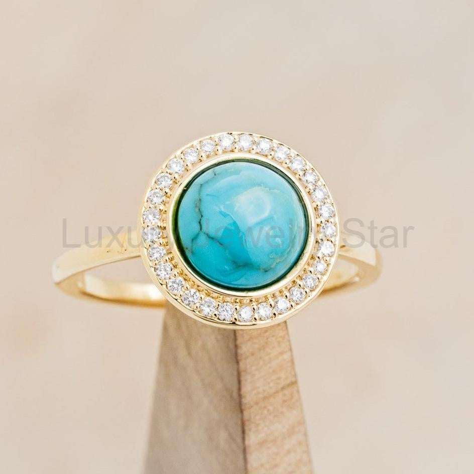 "Terra" - Bridal Suite - Round Cabochon Cut Turquoise Engagement Ring With Diamond Halo & - image 26