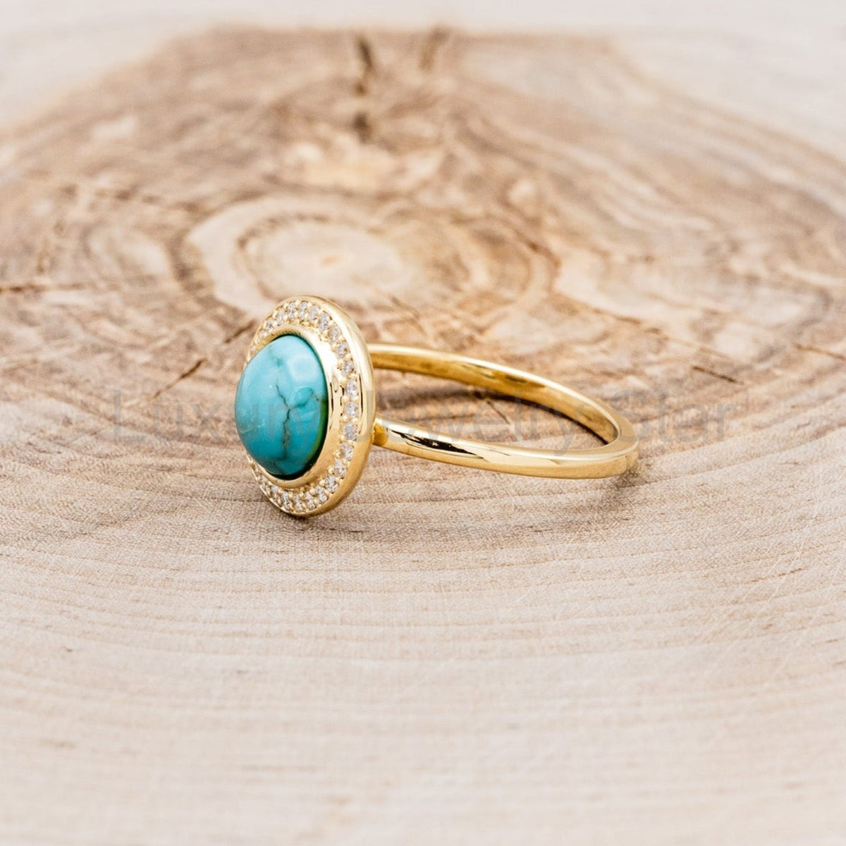 "Terra" - Bridal Suite - Round Cabochon Cut Turquoise Engagement Ring With Diamond Halo & - image 28
