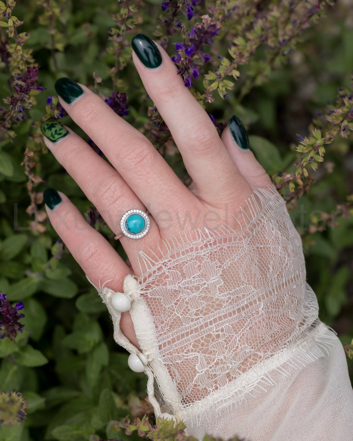 "Terra" - Bridal Suite - Round Cabochon Cut Turquoise Engagement Ring With Diamond Halo & - image 37