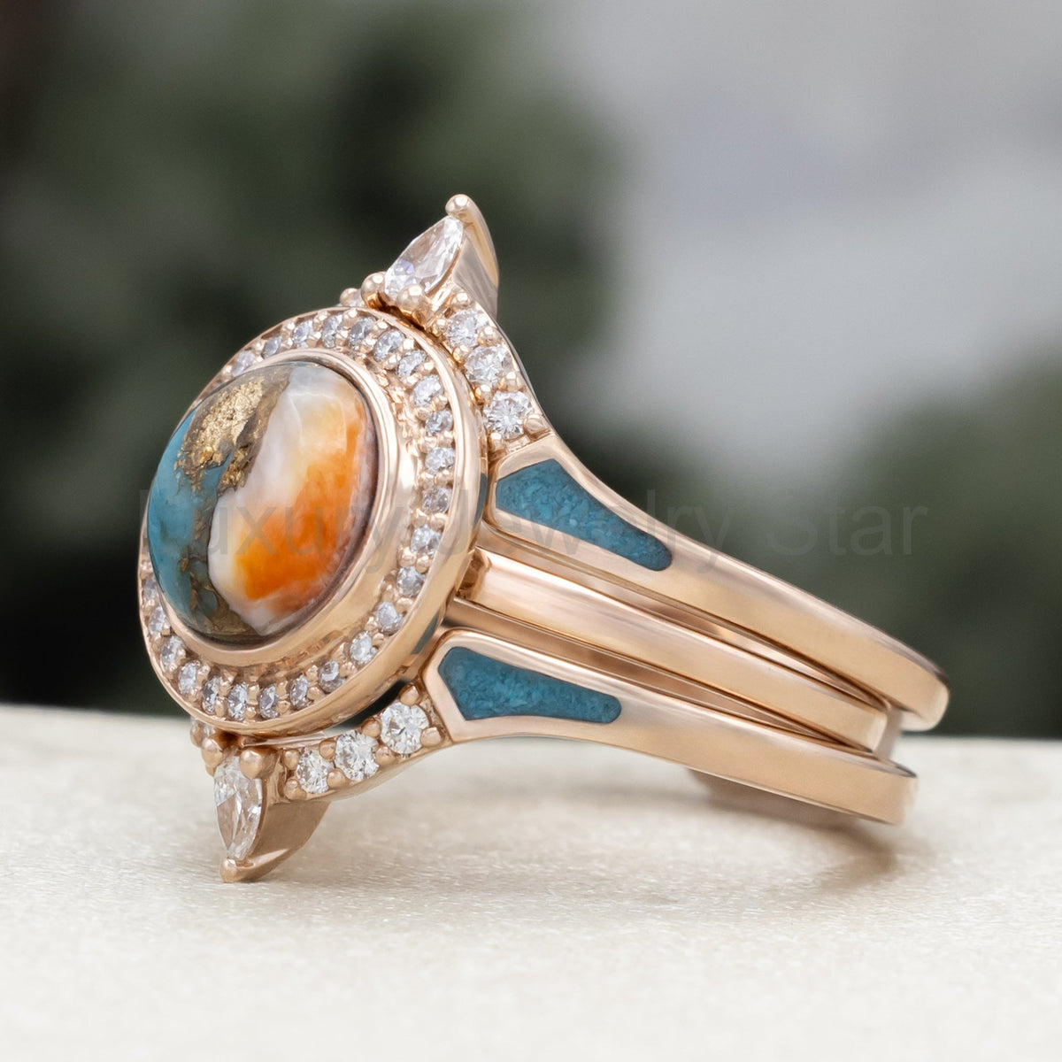"Terra" - Bridal Suite - Round Cabochon Cut Turquoise Engagement Ring With Diamond Halo & - image 6
