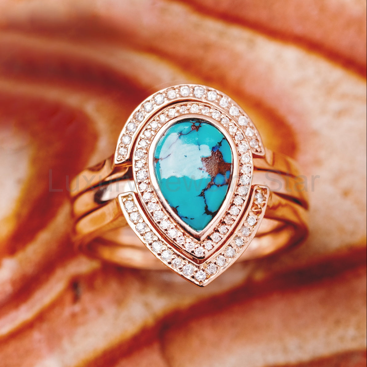 "Terra" Bridal Suite - Pear Cabochon Cut Spiny Oyster Turquoise Engagement Ring With Diamond Halo &