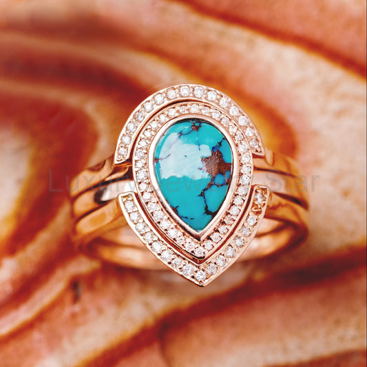 "Terra" Bridal Suite - Pear Cabochon Cut Spiny Oyster Turquoise Engagement Ring With Diamond Halo &