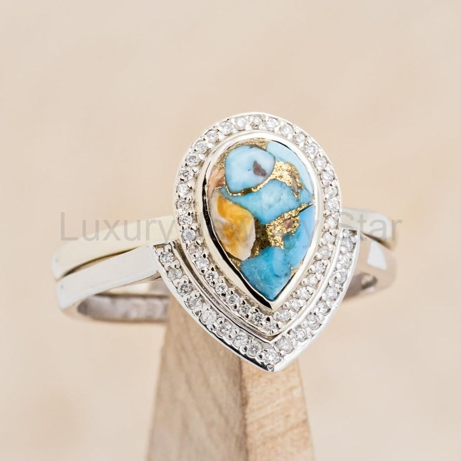 "Terra" Bridal Suite - Pear Cabochon Cut Spiny Oyster Turquoise Engagement Ring With - image 10