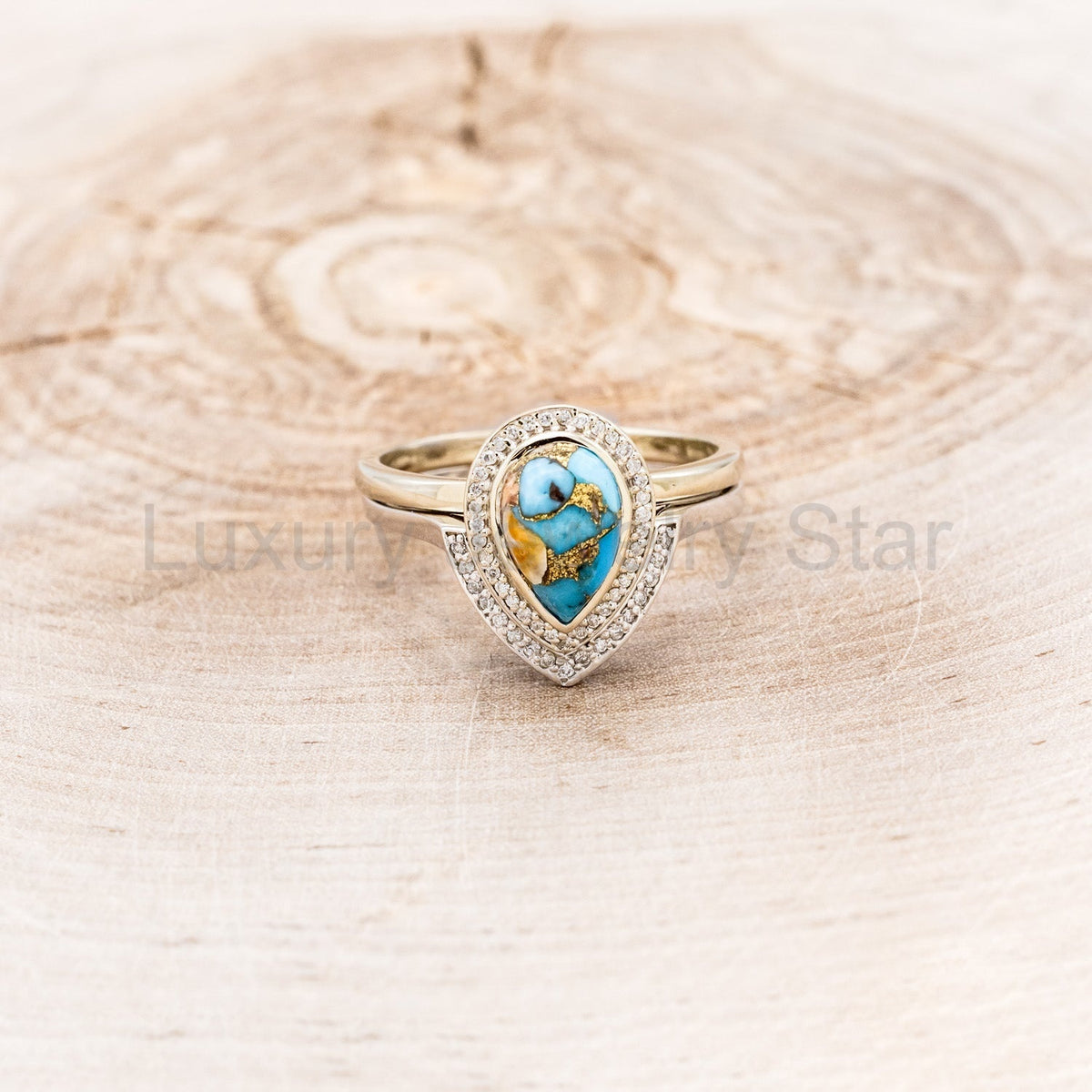 "Terra" Bridal Suite - Pear Cabochon Cut Spiny Oyster Turquoise Engagement Ring With - image 11