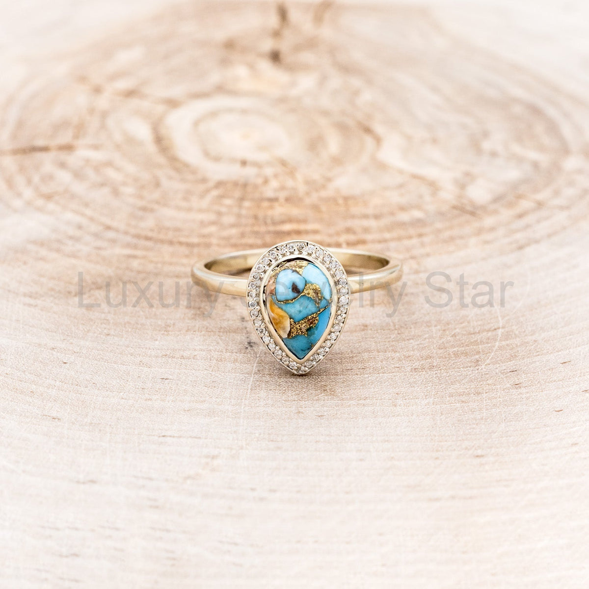 "Terra" Bridal Suite - Pear Cabochon Cut Spiny Oyster Turquoise Engagement Ring With - image 13