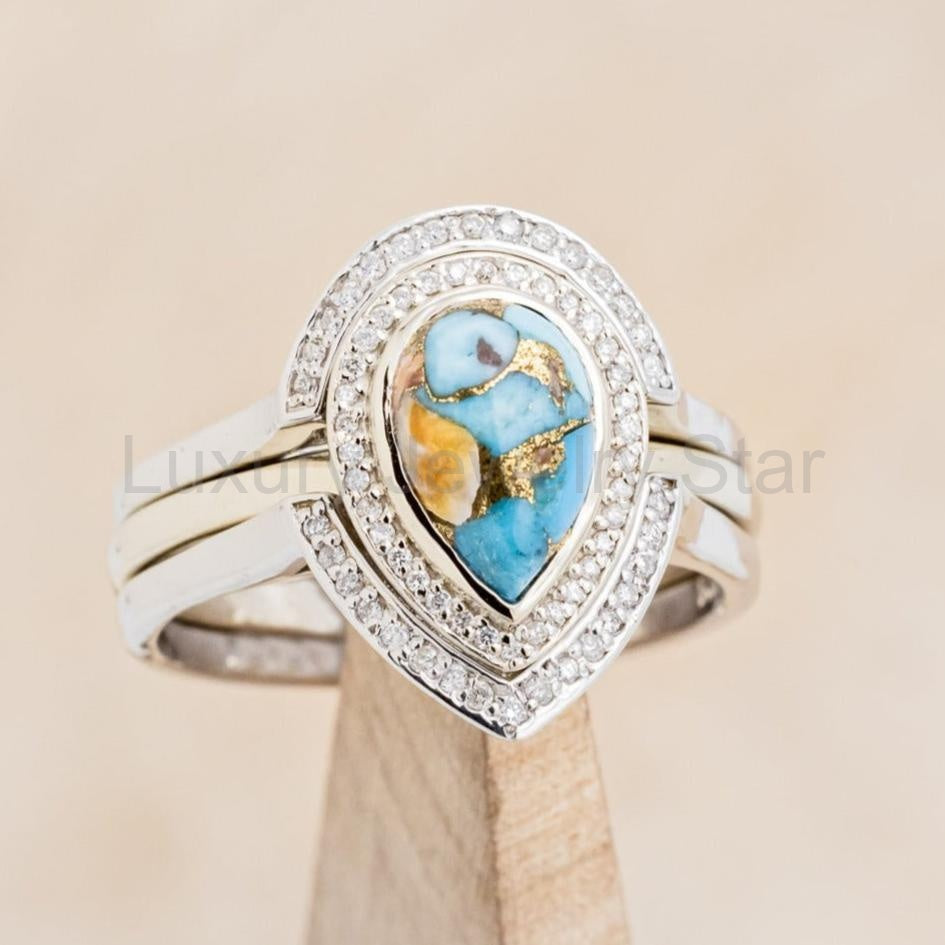 "Terra" Bridal Suite - Pear Cabochon Cut Spiny Oyster Turquoise Engagement Ring With - image 2