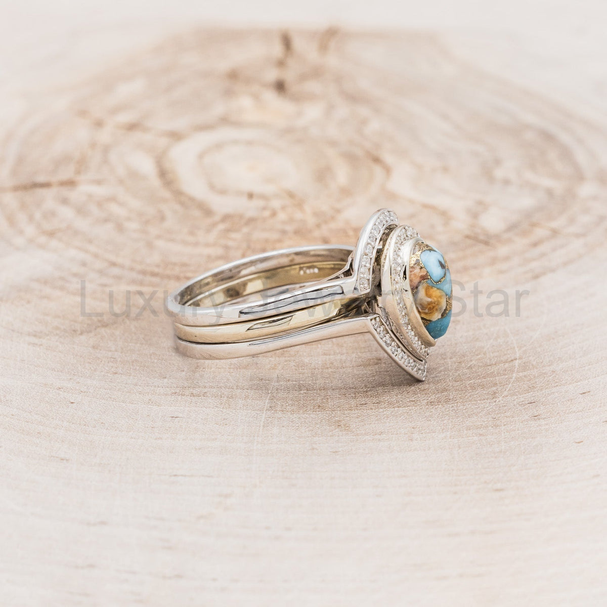 "Terra" Bridal Suite - Pear Cabochon Cut Spiny Oyster Turquoise Engagement Ring With - image 3