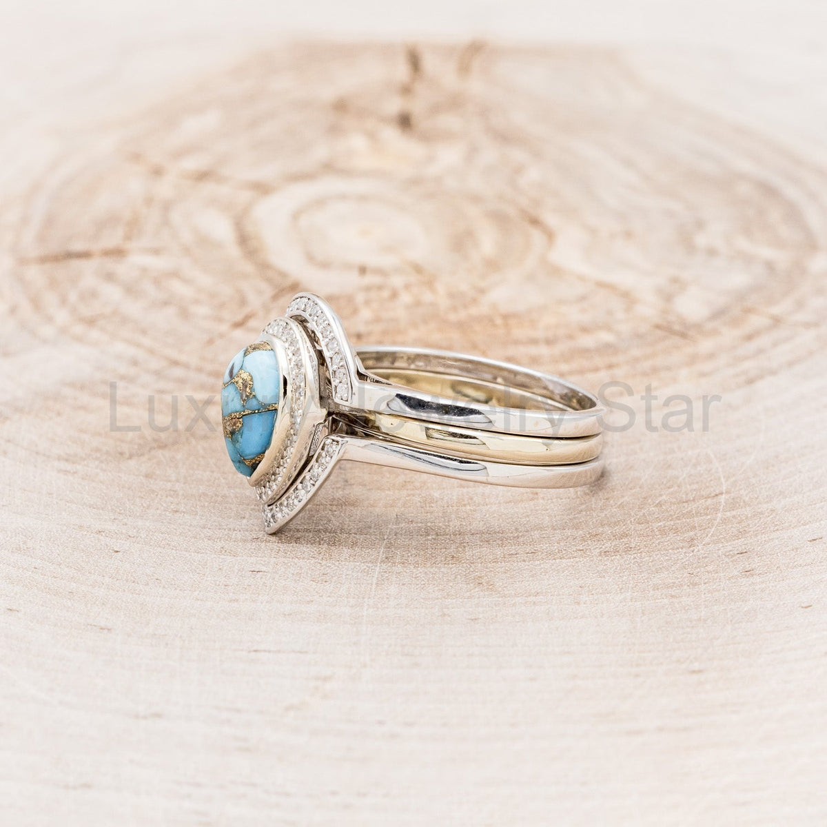 "Terra" Bridal Suite - Pear Cabochon Cut Spiny Oyster Turquoise Engagement Ring With - image 4