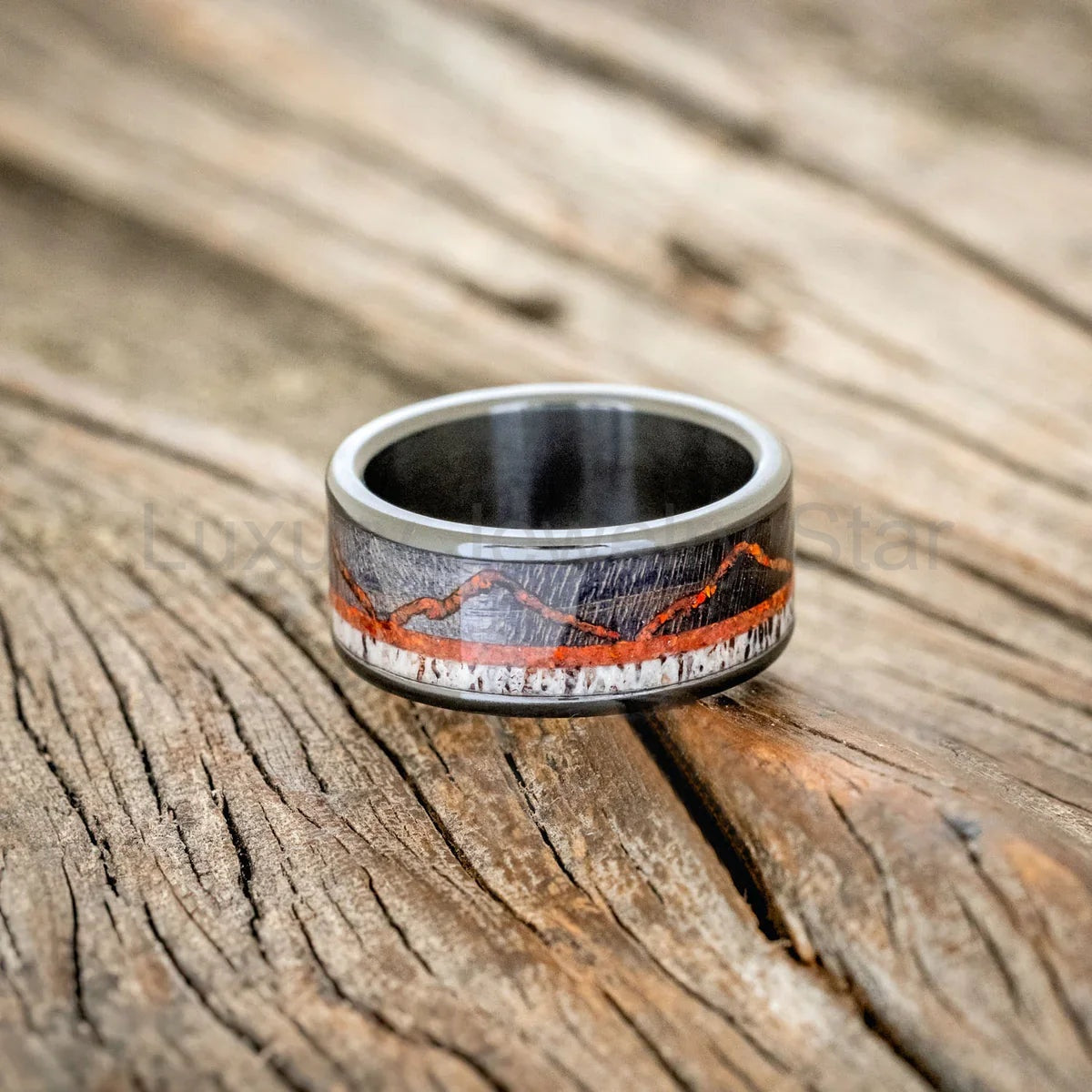 "The Expedition" - Mountain Engraved Wedding Ring With Dark Maple, Red Opal & Antler - image 2