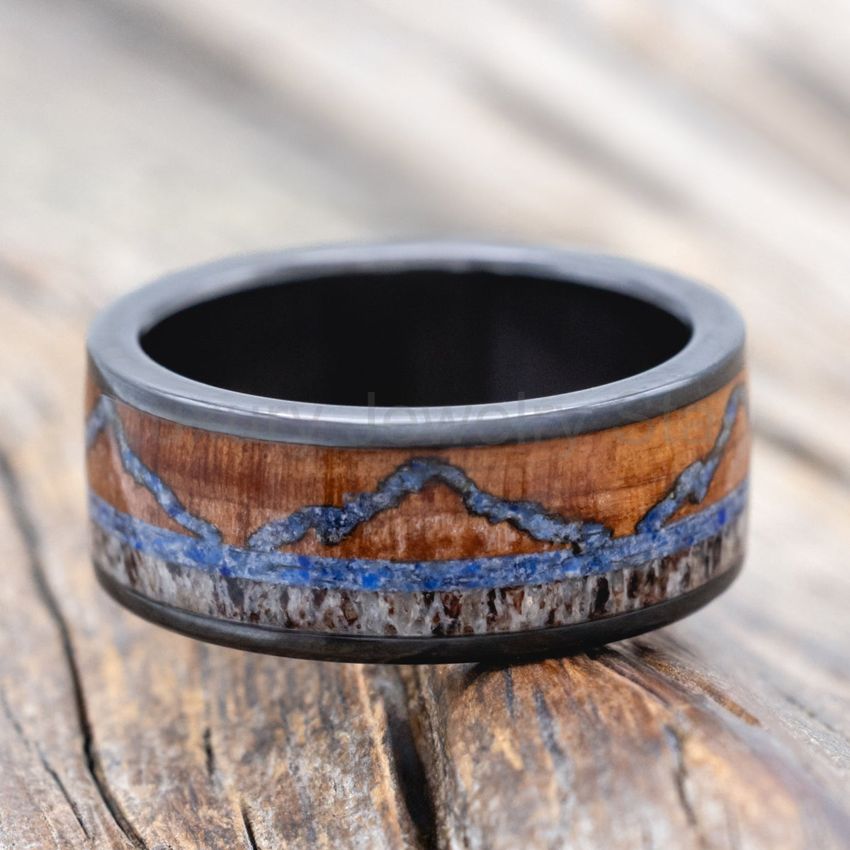 "The Expedition" - Mountain Engraved Wedding Ring With Redwood, Lapis Lazuli & Antler - Black
