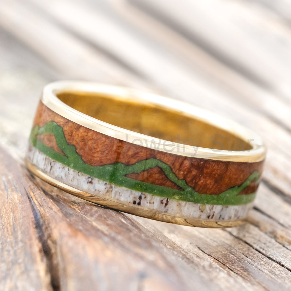 "The Expedition" - Mountain Engraved Wedding Ring With Redwood, Moss & Antler - 14K Yellow Gold