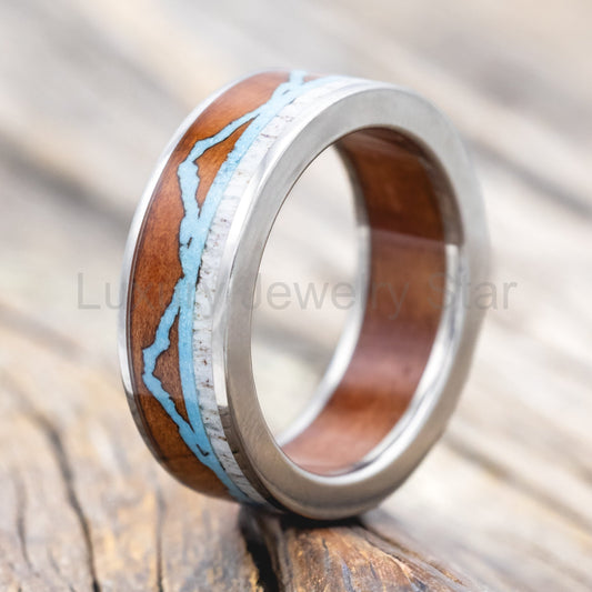 "The Expedition" - Mountain Engraved Wedding Ring With Redwood, Turquoise & Antler - Titanium - Size