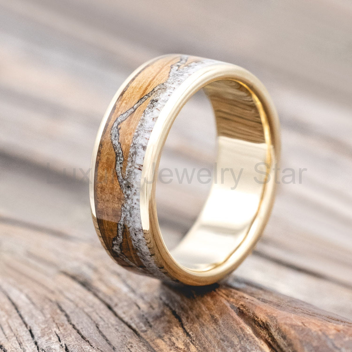 "The Expedition" - Mountain Engraved Wedding Ring With Whiskey Barrel Oak, Moonstone & Antler - 14K