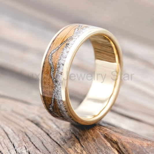 "The Expedition" - Mountain Engraved Wedding Ring With Whiskey Barrel Oak, Moonstone & Antler - 14K