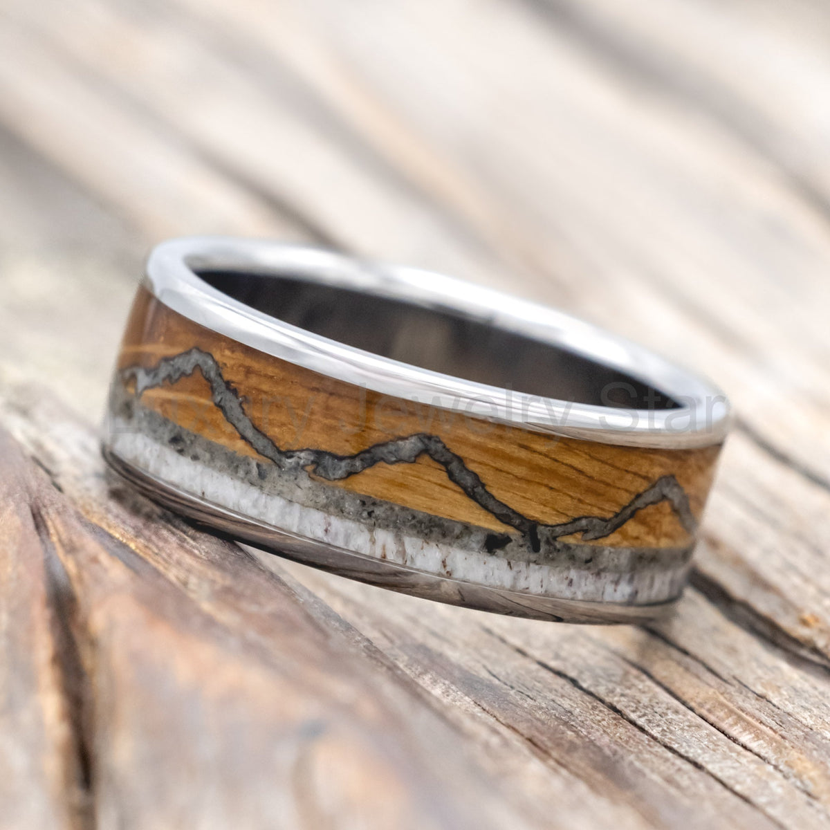 "The Expedition" - Mountain Engraved Wedding Ring With Whiskey Barrel Oak, Moonstone & Antler