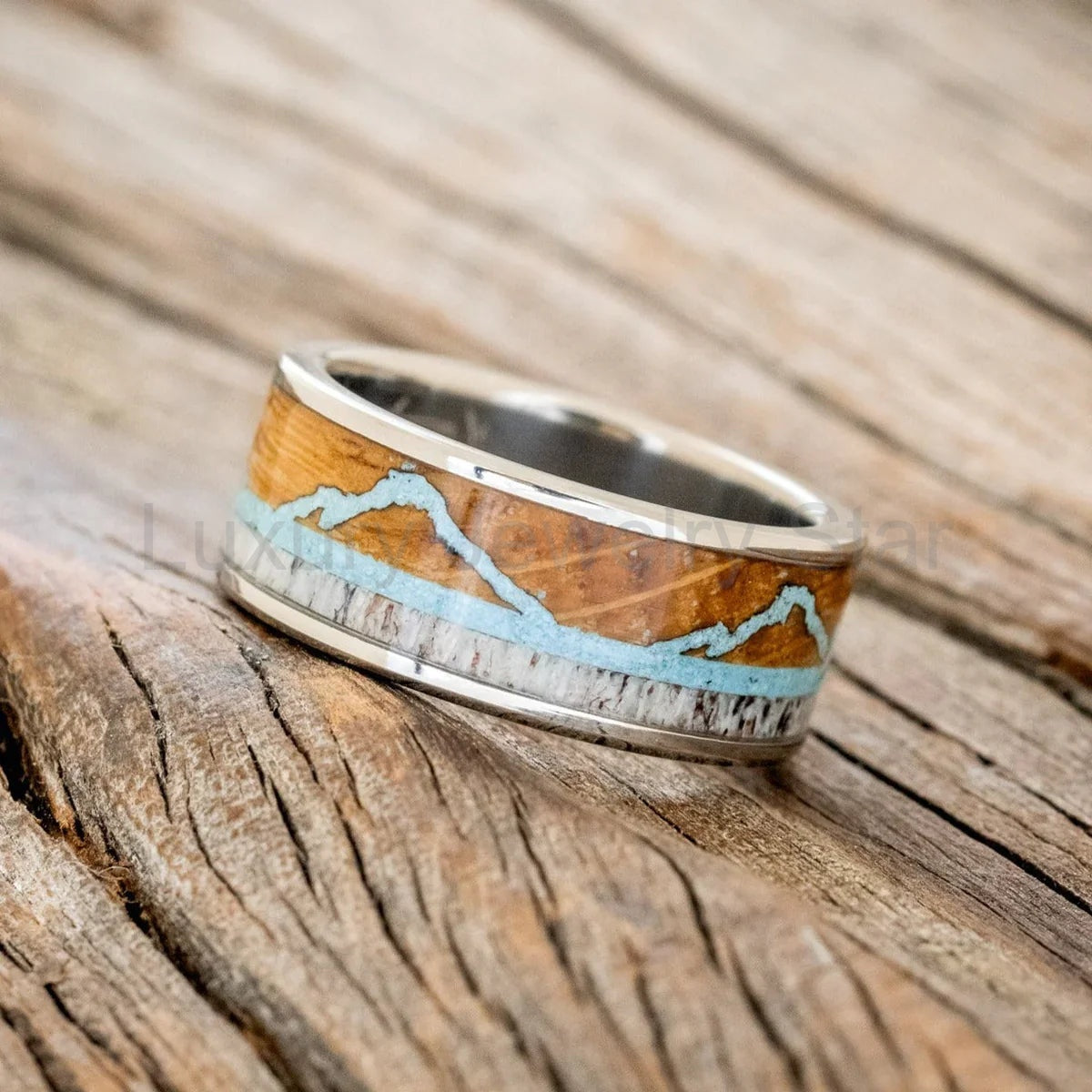 "The Expedition" - Mountain Engraved Wedding Ring With Whiskey Barrel Oak, Turquoise & Antler