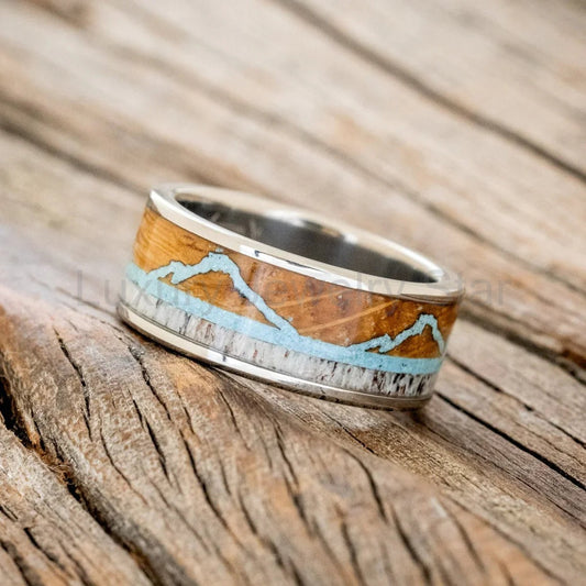 "The Expedition" - Mountain Engraved Wedding Ring With Whiskey Barrel Oak, Turquoise & Antler