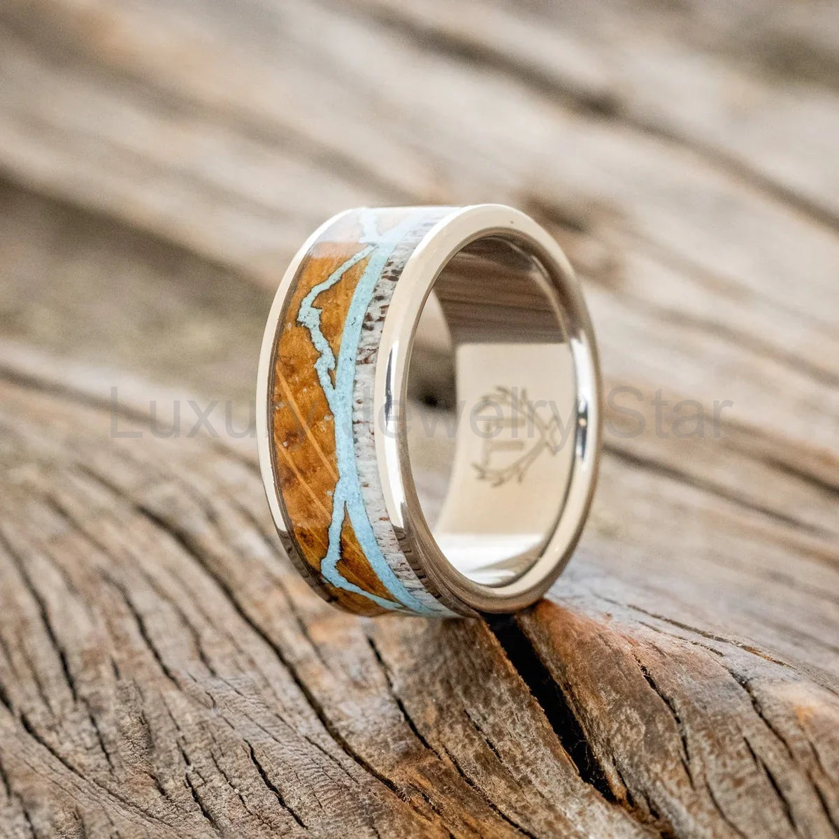 "The Expedition" - Mountain Engraved Wedding Ring With Whiskey Barrel Oak, Turquoise & - image 2