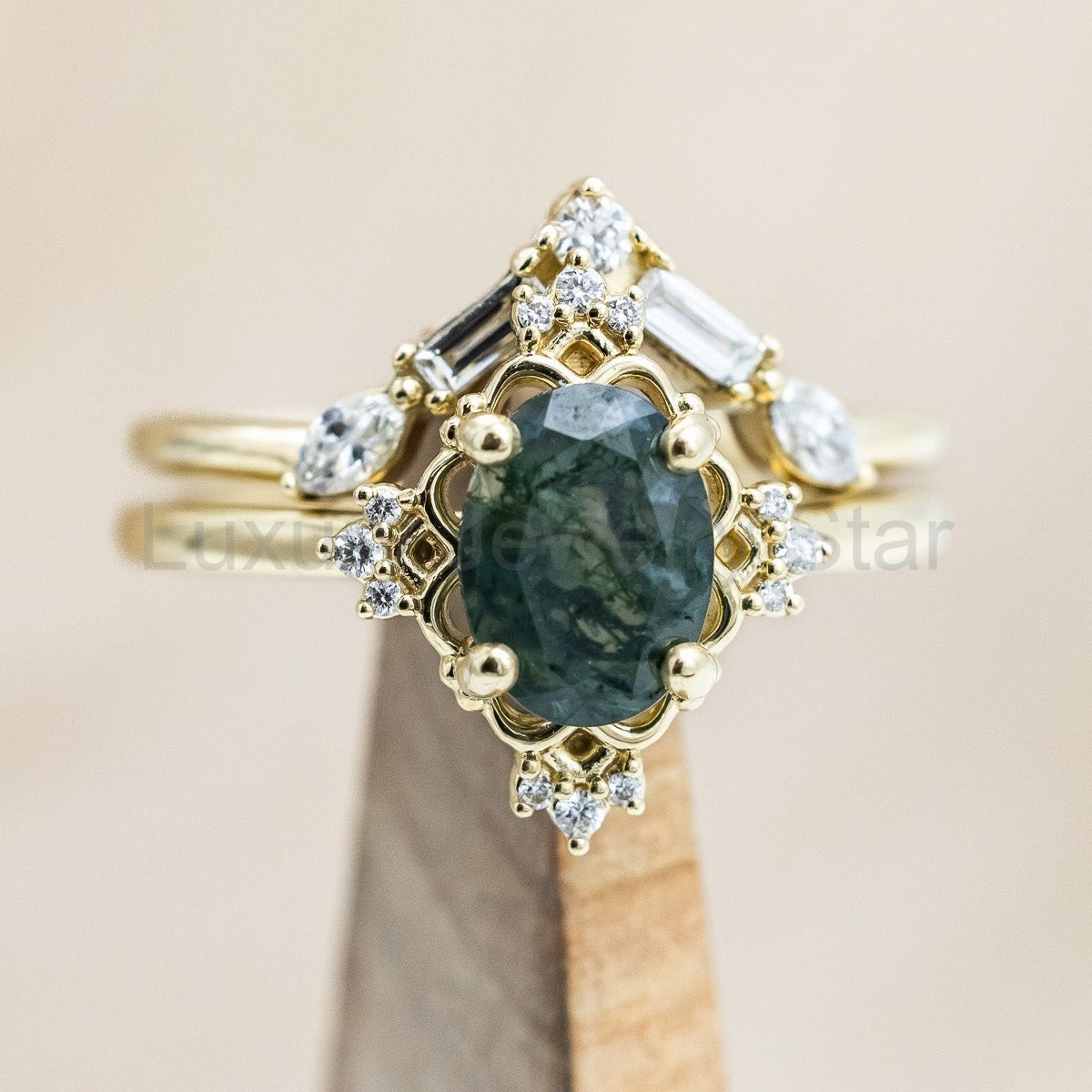 "Treva" - Oval Cut Moss Agate Engagement Ring With Diamond Accents & "Melody" Tracer