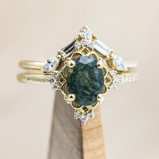 "Treva" - Oval Cut Moss Agate Engagement Ring With Diamond Accents & "Melody" Tracer