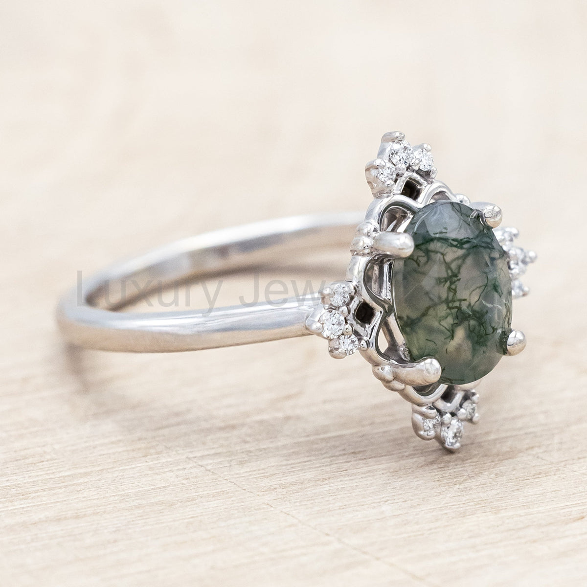 "Treva" - Oval Cut Moss Agate Engagement Ring With Diamond Accents & "Melody" Tracer - image 11