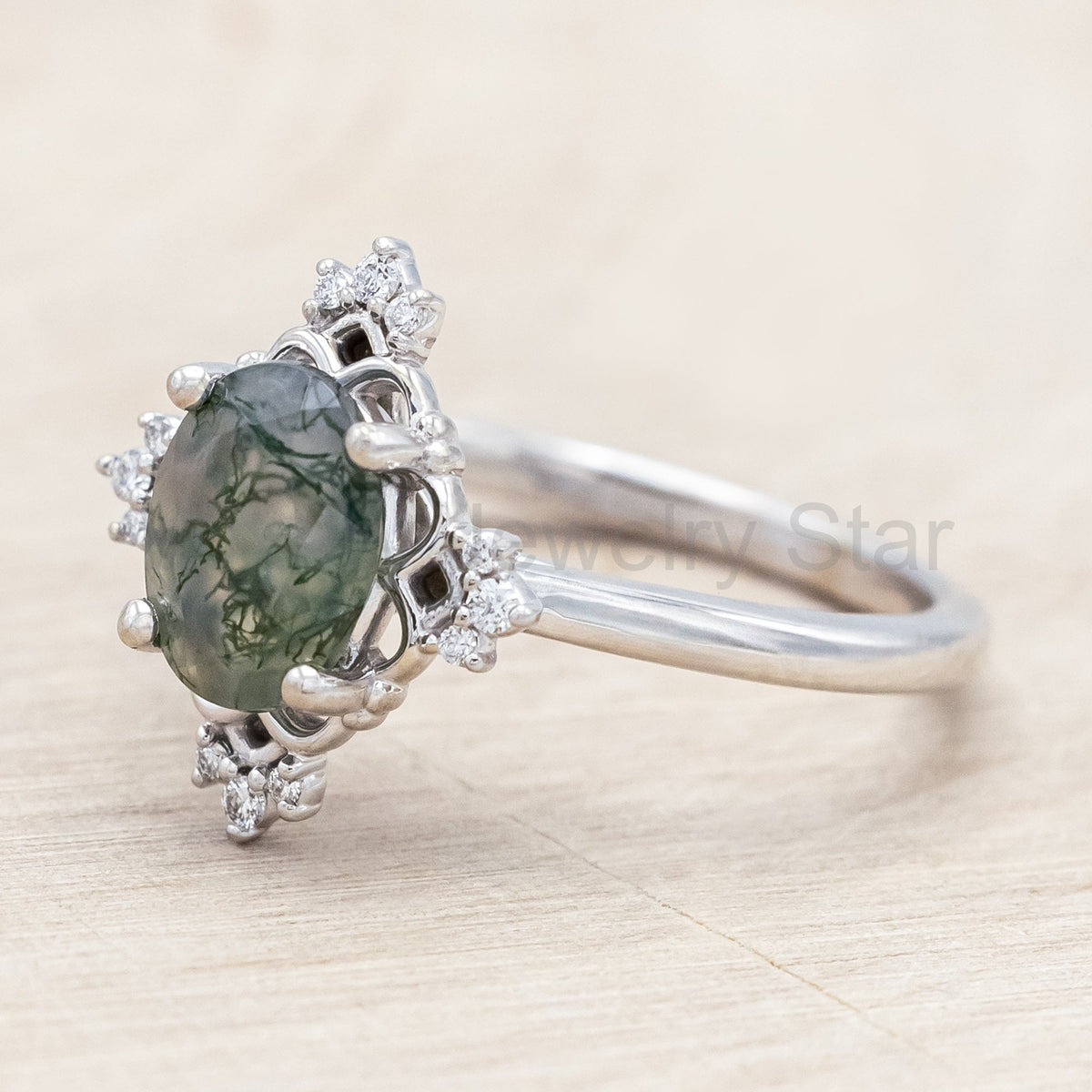 "Treva" - Oval Cut Moss Agate Engagement Ring With Diamond Accents & "Melody" Tracer - image 12