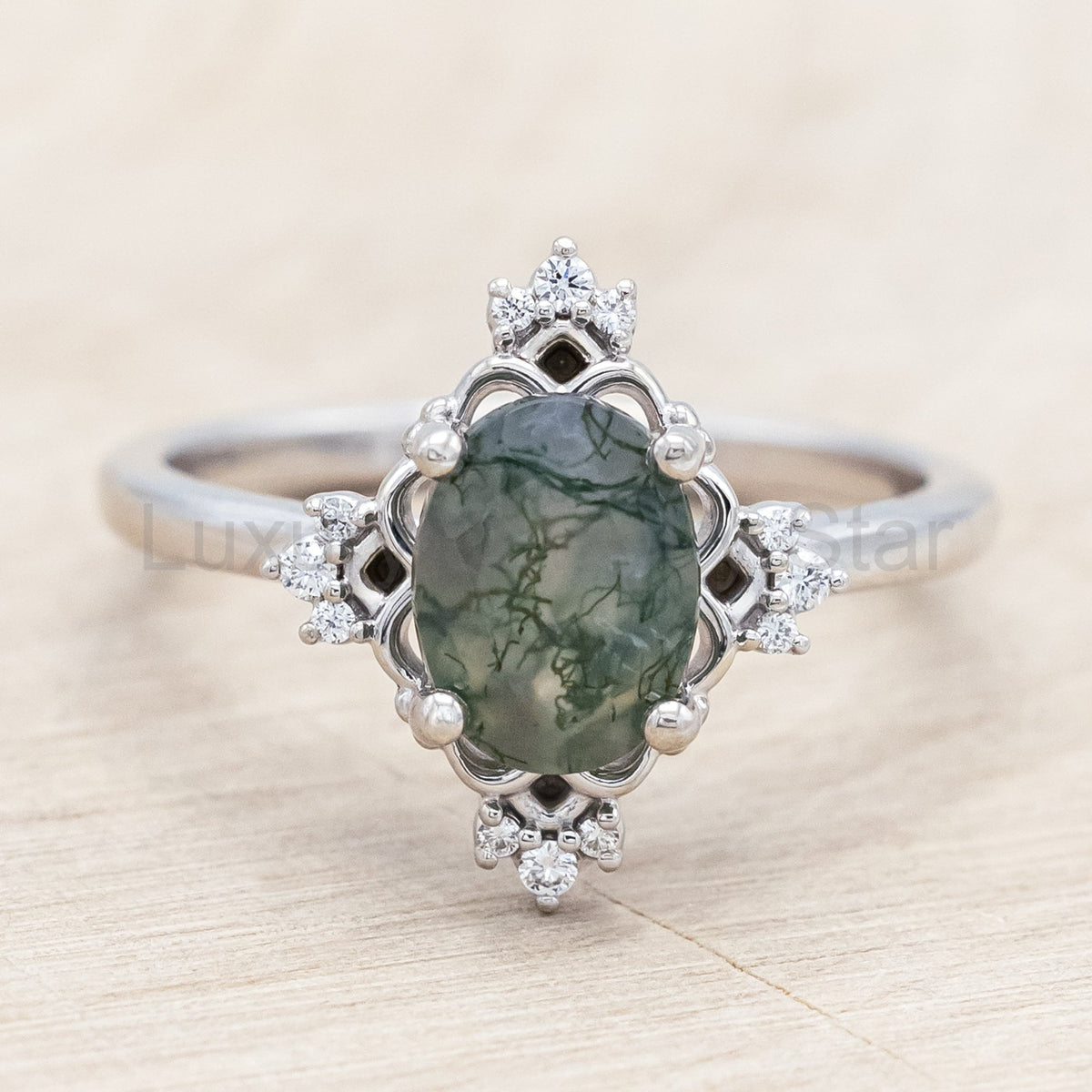 "Treva" - Oval Cut Moss Agate Engagement Ring With Diamond Accents & "Melody" Tracer - image 14