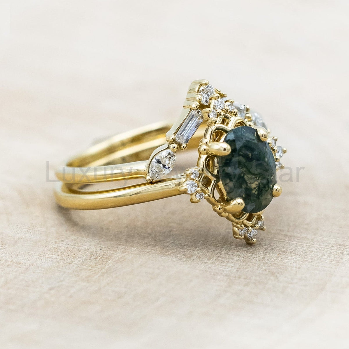 "Treva" - Oval Cut Moss Agate Engagement Ring With Diamond Accents & "Melody" Tracer - image 4