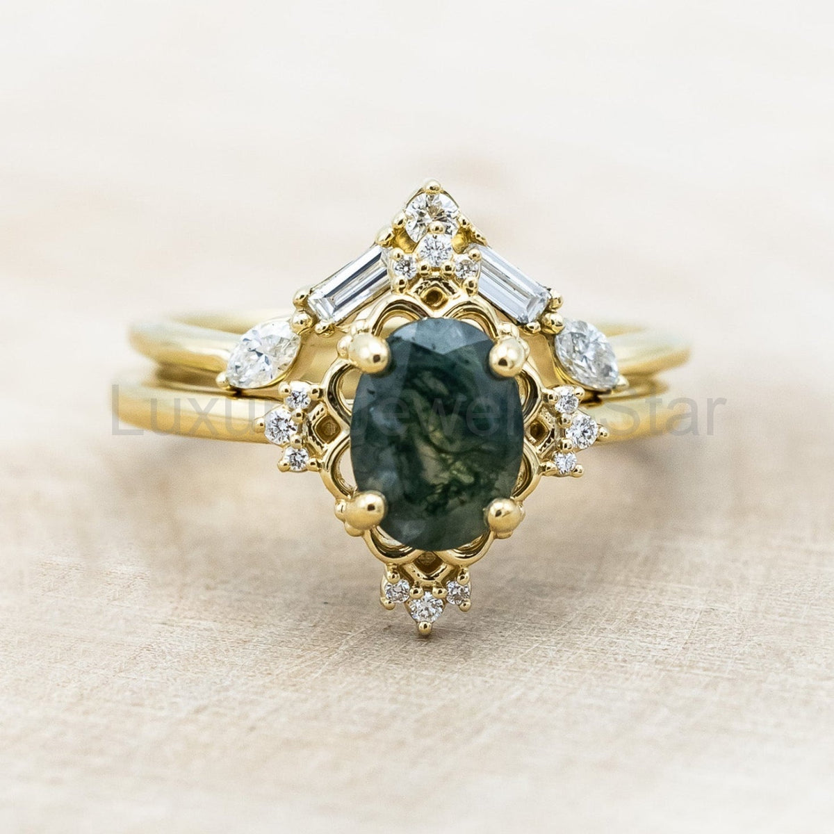 "Treva" - Oval Cut Moss Agate Engagement Ring With Diamond Accents & "Melody" Tracer - image 6