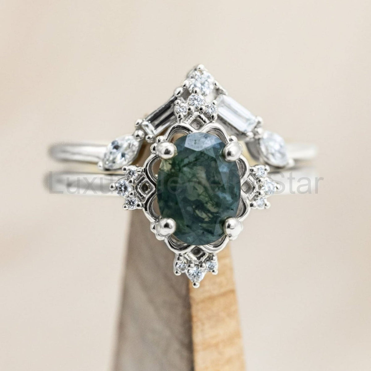 "Treva" - Oval Cut Moss Agate Engagement Ring With Diamond Accents & "Melody" Tracer - image 9