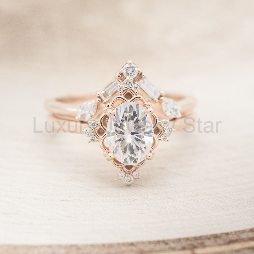 "Treva" - Oval Moissanite Engagement Ring With Diamond Accents & "Melody" Tracer - image 21